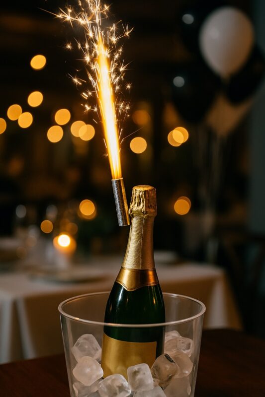 IJsfonteinen horeca op champagnefles – veilige CE-gecertificeerde flespresentatie in bar of club