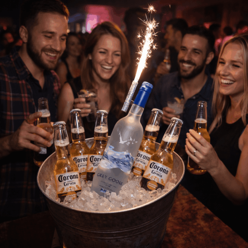 Fles in ijsemmer met ijsfontein in horecasetting